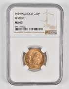 MS65 1959M Mexico 10 Gold Pesos - Restrike - Graded NGC