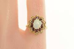 14K Yellow Gold Natural Opal Garnet Halo Ornate Cocktail Ring