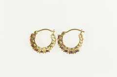 14K Yellow Gold Garnet Inset Ornate Filigree Fashion Hoop Earrings