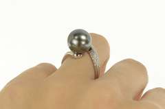 14K White Gold Pave Diamond Tahitian Pearl Bypass Statement Ring