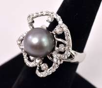 Beautiful Floral Tahitian Pearl and Diamond Ring in 14K White Gold
