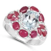 Plated Rhodium Aquamarine Ruby and White Topaz Ring