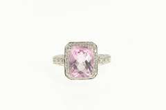 14K White Gold Faceted Pink Topaz Diamond Halo Cocktail Ring