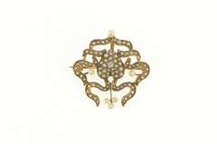 14K Yellow Gold Victorian Heart Diamond Seed Pearl Ribbon Pin/Brooch