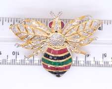 Dynamic Yellow Gold Multi Gemstone and Diamond Bee Brooch