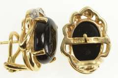 14K Yellow Gold Oval Black Onyx Diamond Ornate Lever Back Earrings