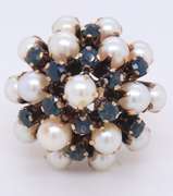 Vintage Yellow Gold Blue Sapphire and Pearl Cluster Ring