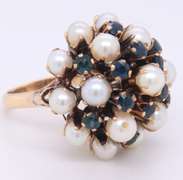 Vintage Yellow Gold Blue Sapphire and Pearl Cluster Ring