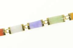 14K Yellow Gold Green Purple Red White Jadeite Carved Bar Bracelet