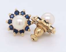 Elegant Yellow Gold Pearl Studs with Sapphire Earring Jackets