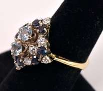 Amazing Aquamarine, Sapphire and Diamond Ring in 14K Yellow Gold