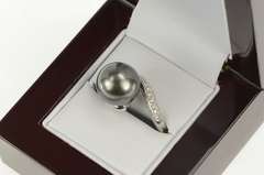 14K White Gold Pave Diamond Tahitian Pearl Bypass Statement Ring