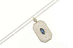 10K White Gold Art Deco Ornate Filigree Syn. Sapphire Necklace