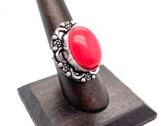 Statement Ovular Red Coral Tibetan Silver Floral Energy Design Ring