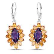 Plated Rhodium 6.54ctw Amethyst and Citrine Earrings