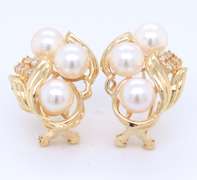 Fantastic Yellow Gold White Fresh Water Pearl and Diamond Earrings