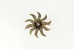 10K Yellow Gold Victorian Seed Pearl Diamond Sun Flower Pin/Brooch