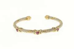 Sterling Silver 14K Two Tone Ruby X Twist Designer Cuff Bracelet