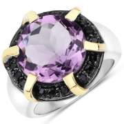 Plated Rhodium 6.56ct Amethyst and Black Spinel Ring