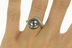 14K White Gold Pave Diamond Tahitian Pearl Bypass Statement Ring