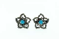 Pretty Turquoise Colored Gemstone with Floral Diamond Accents Dark Silver Earrings