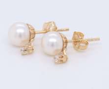 Fancy Yellow Gold Pearl and Diamond Earrings