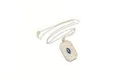10K White Gold Art Deco Ornate Filigree Syn. Sapphire Necklace