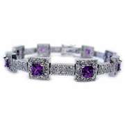 Sterling Silver 6.3ct Amethyst CZ & Clear CZ Square Link Bracelet