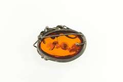 Sterling Silver Ornate Amber Flower Accent Vine Statement Pin/Brooch