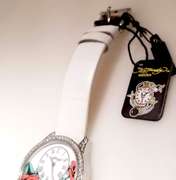 Ed Hardy Classic ladies roses watch with Swarovski crystals and white leather strap