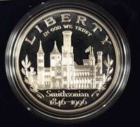 1996 Proof Smithsonian Institution 150th Anniversary Commemorative Silver Dollar.