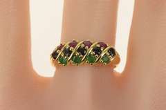 14K Yellow Gold Natural Emerald Ruby Sapphire Striped Band Ring