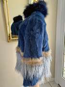 Gorgeous Fur Rabbit and Raccoon Coat Jacket in Blue, Light Brown and Gray Tones, Size L