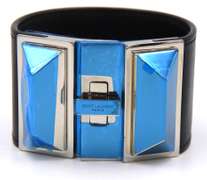 YSL Pyramid Studded Black Leather Cuff Bracelet