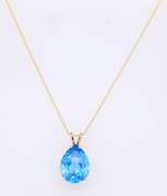 Fabulous Yellow Gold Pear Shaped Blue Topaz pendant on Chain