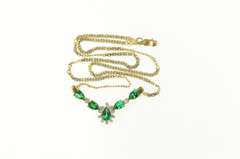 10K Yellow Gold Three Syn. Emerald Diamond Halo Chevron Necklace
