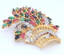 Optimal Yellow Gold Emerald, Ruby, Sapphire and Diamond Flower Basket Brooch