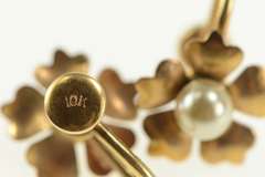 10K Yellow Gold Pearl Blossom Flower Retro Screw Back Earrings