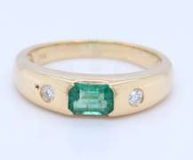 Attractive Yellow Gold Emerald and Diamond Bezel Set Ring
