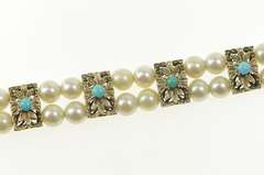 18K White Gold Pearl Turquoise Beaded Flower Statement Bracelet