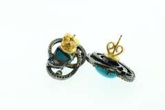 Stunning Diamond Encrusted Dark Silver Looped Earrings with Turquoise Colored Gemstone