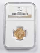 AU58 1854 $3 Indian Princess Head Gold Three Dollar Piece NGC