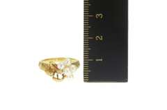 14K Yellow Gold Retro Pearl Diamond Floral Accent Cluster Leaf Ring