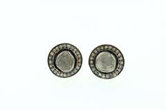 Lovely Mine Cut Diamond Earrings with Dark and Gold Plated Silver engulfed by Diamond Accents