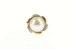 14K Yellow Gold Pearl Diamond Ornate Retro Swirl Cocktail Ring