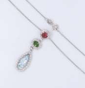 Charming White Gold Turmaline, Aquamarine and Diamond Pendant on Chain