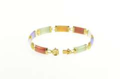 14K Yellow Gold Green Purple Red White Jadeite Carved Bar Bracelet