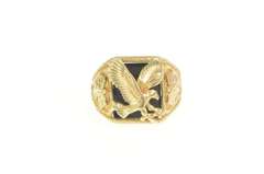 10K Yellow Gold Black Onyx Black Hills Leaf Eagle Men's Ring