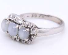 Vintage Sterling Silver Three Moon Stone and Diamond Ring
