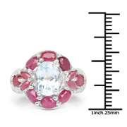 Plated Rhodium Aquamarine Ruby and White Topaz Ring